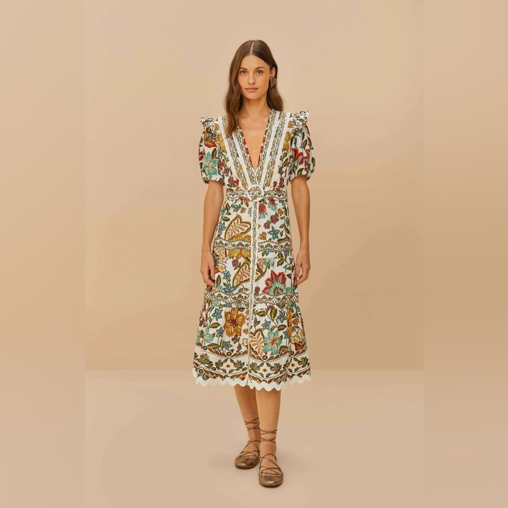 FARM RIO Off-White Botanicals Belted Midi Dress NWT